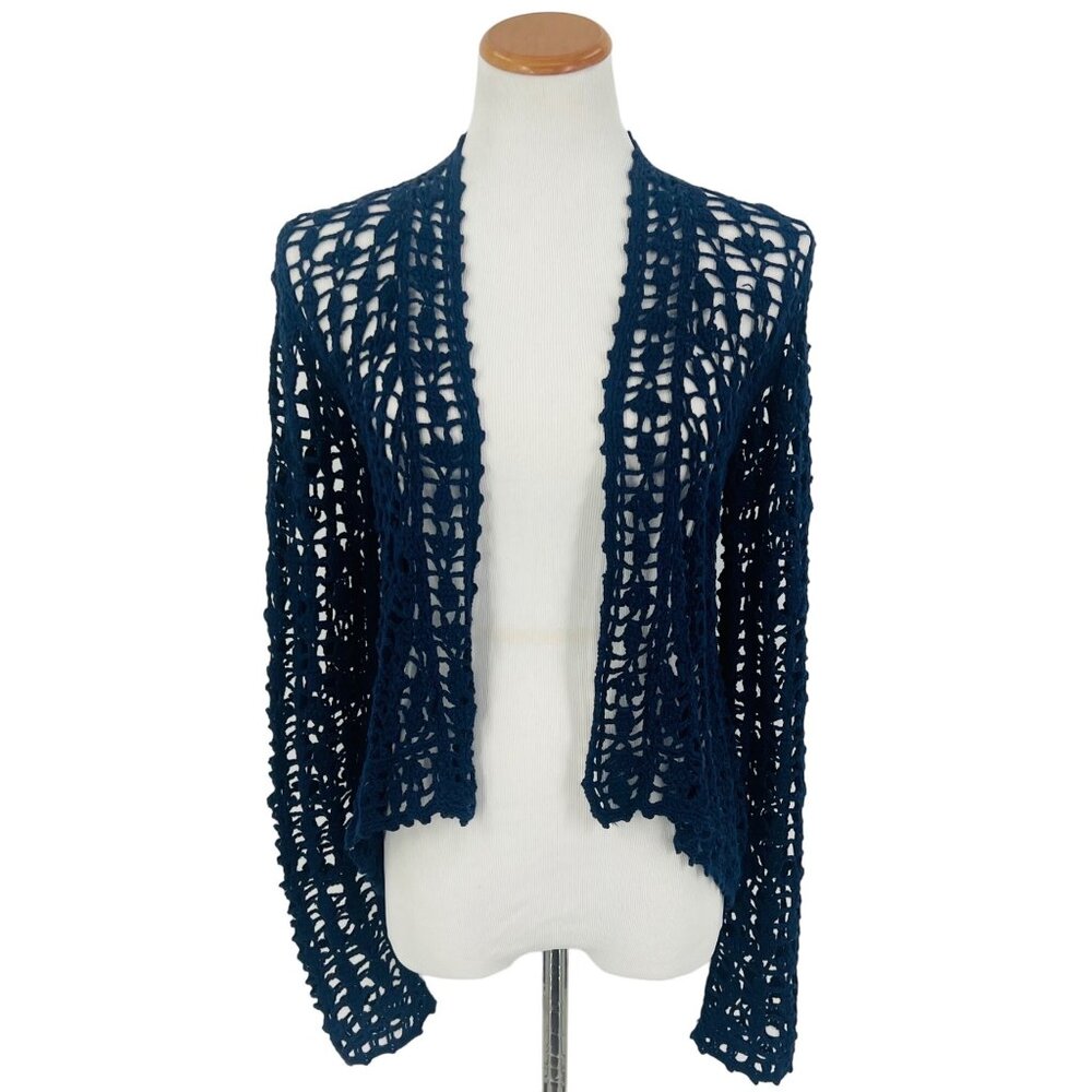 Vtg Y2K Anthropologie Navy Blue Crochet Open Cardigan | Coastal Grandma Indie M - Picture 2 of 15